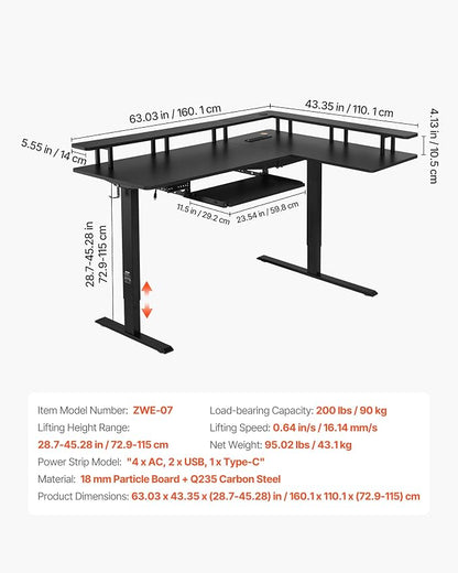 VEVOR L Shaped Desk, Electric Adjustable Height Corner Gaming Desk with Keyboard Tray and Dual Hooks, Heavy Duty L-Shaped Computer Table with Light Strip for Home Office, Easy to Assemble, Black