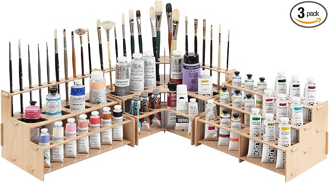HG Art Concepts Mezzo Artist Brush and paint Tube Organizer Rack Set 3 Pieces - Wood Grain Laminate Multi-Layer Storage Display Stand for paintbrushes, Oil & Acrylic paints