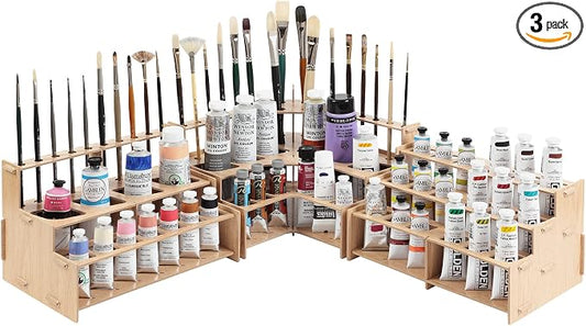 HG Art Concepts Mezzo Artist Brush and paint Tube Organizer Rack Set 3 Pieces - Wood Grain Laminate Multi-Layer Storage Display Stand for paintbrushes, Oil & Acrylic paints