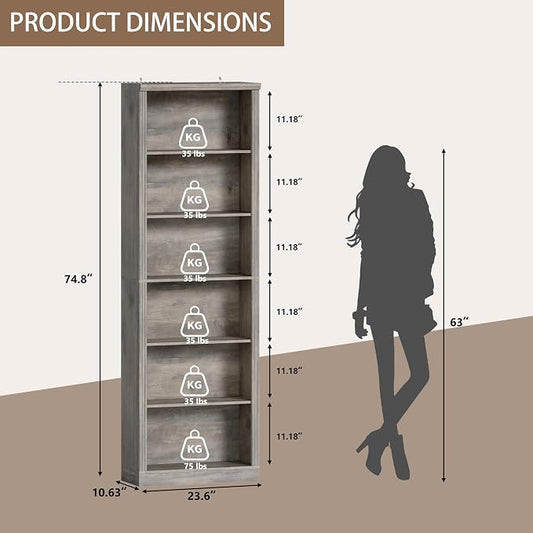 Thacuok Grey Bookshelf, 75" Tall Bookcase, 6 Tier Adjustable Storage Shelves, Book Shelf with Anti-Tipping Device, Floor Standing Modern Display Rack for Living Room, Bedroom, Office