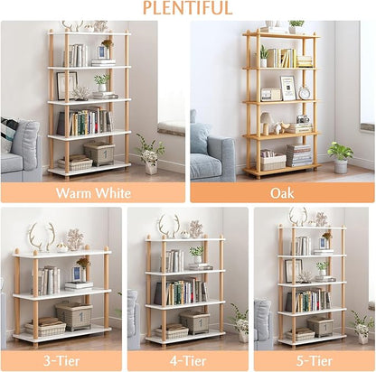IOTXY 5-Tier Wooden Shelf Bookcase - Modern Open Bookshelf, Free Standing Storage Rack, Multifunctional Display Stand for Home and Office, White, Rectangle