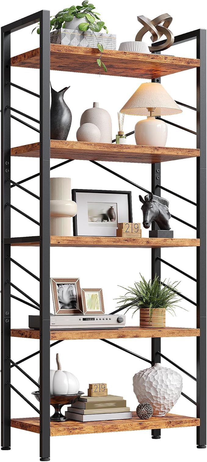 DurayLoly 5 Tier Bookshelf for Narrow Space, Rustic Brown | Small Storage Shelves, Sidebars and Metal Frame