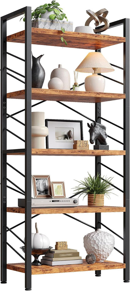 DurayLoly 5 Tier Bookshelf for Narrow Space, Rustic Brown | Small Storage Shelves, Sidebars and Metal Frame