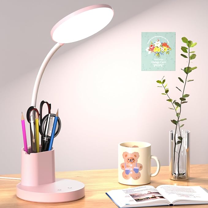 Desk Lamp, LED Desk Lamps for Home Office, Touch Table Lamp with 3 Color Modes 360° Adjustable Arm, Dimmable Desk Light with Pen Phone Holder for College Dorm, Pink