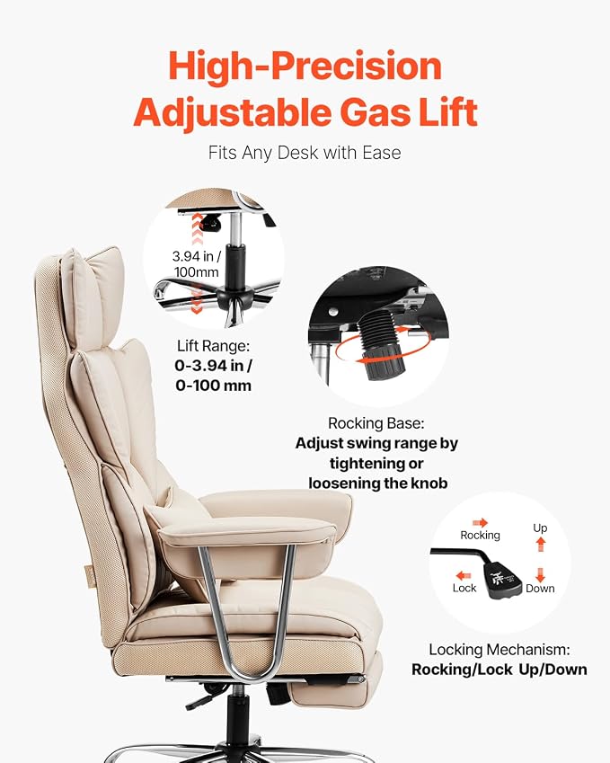 VEVOR Executive Office Chair with Footrest, 400lb Capacity Oversize Office Chair with Lumbar Pillow & Removable Armrests, Heavy Duty Ergonomic Chair, PU Leather Reclining Home Office Desk Chair, Brown