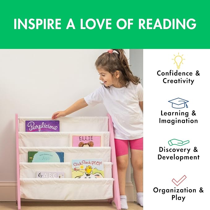 Humble Crew Kids Bookshelf, 4-Tier Front-Facing Book Display Organizer, Montessori Toddler Bookcase for Playroom, Bedroom & Reading Corner, Pink/White