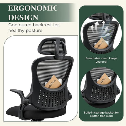 Ergonomic Office Chair, Comfy Desk Chair with Wheels, Adjustable Headrests, Flip-Up Armrests, Breathable Mesh High-Back, Comfortable Swivel Seating for Home Computer, Black