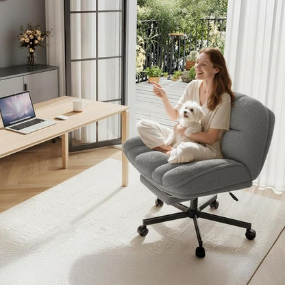 DurayLoly Cross Legged Office Chair with Foot Rest, 6.3" Thick Cushioned Criss Cross Chair with Wheels, Height Adjustable Swivel Vanity Chair for All-Day Comfort (Grey)