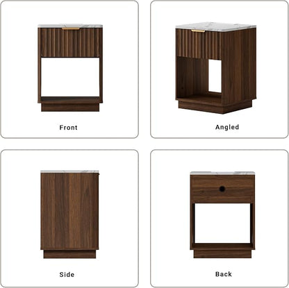 Fluted Nightstand, Walnut Night Stand, Modern Nightstand with Faux Marble Top and Charging Station, 18in Wooden End Table with Drawer, Bedside Table for Bedroom Living Room, Curved Corners
