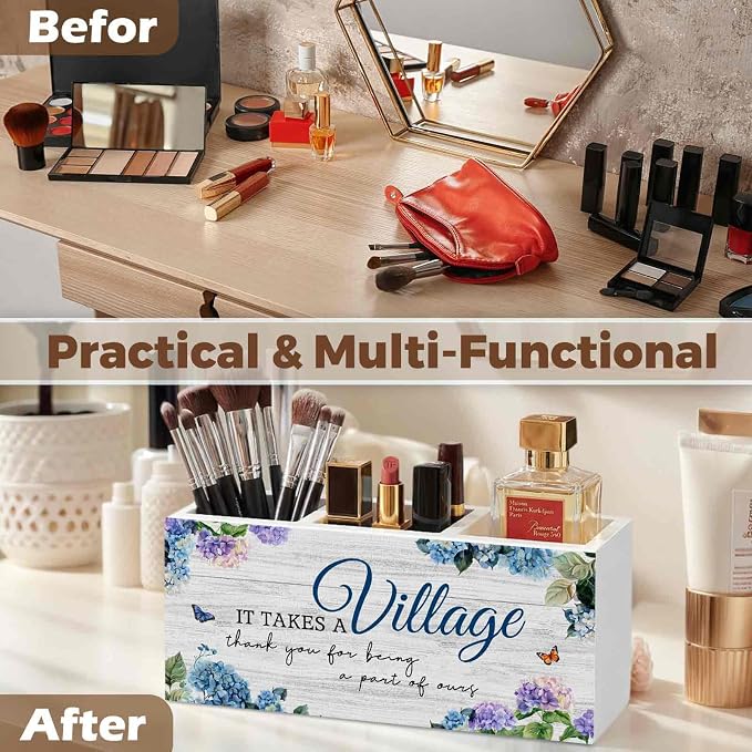It Takes a Village Thank You Gift Pencil Pen Holder for Desk Organizer, Thank You Appreciation Gifts for Coworkers Teachers Friends Wooden Box Decorations for Home Office Desk Tabletop Decor