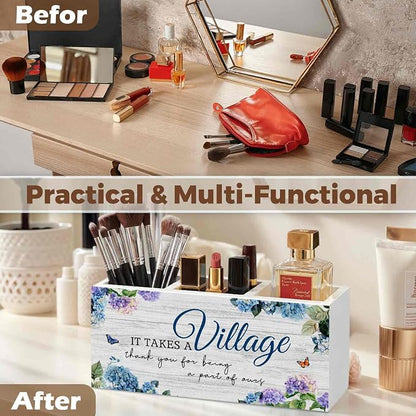 It Takes a Village Thank You Gift Pencil Pen Holder for Desk Organizer, Thank You Appreciation Gifts for Coworkers Teachers Friends Wooden Box Decorations for Home Office Desk Tabletop Decor