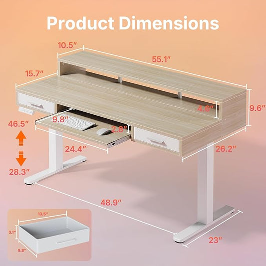 HUANUO 48″ x 26″ Electric Standing Desk with 2 Drawers &24.4″ Large Keyboard Tray, C-Clamp Mount Compatible, Adjustable Computer Desk for Office, Sit Stand Up Desk with 4 Height Presets, Light Walnut
