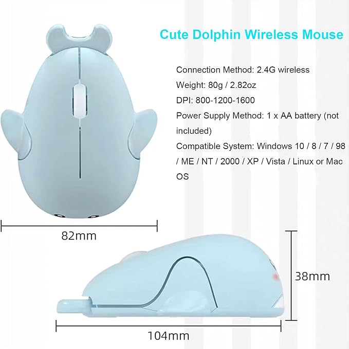 CHUYI Cute Animal Dolphin Shape Wireless Silent Mouse Frosted Cartoon Portable Travel Mute 1600DPI Novelty Optical Unique Cordless Quiet Mice for Computer Laptop PC Gift (1 Pack-Light Blue)