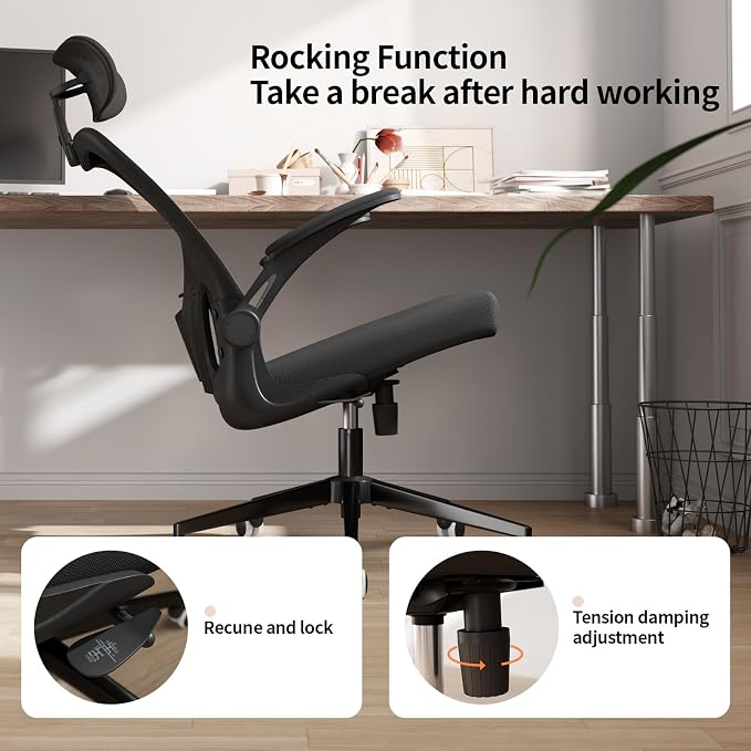 Monhey Office Chair Ergonomic Desk Chair with Lumbar Support&Headrest&Flip-up Arms Height Adjustable Rocking Swivel High Computer Chair Multi-Angle from 90° to 125° with 350LBS Capacity (03All Black)