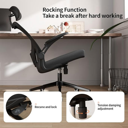 Monhey Office Chair Ergonomic Desk Chair with Lumbar Support&Headrest&Flip-up Arms Height Adjustable Rocking Swivel High Computer Chair Multi-Angle from 90° to 125° with 350LBS Capacity (03All Black)