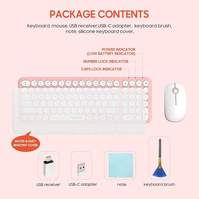 Wireless Keyboard and Mouse Combo,XTREMTEC 2.4GHz Quiet Slim Cute Round Keycap Compact Size Pink Kawaii Cordless Retro Keyboard and Mouse Set Home Office Accessories for Mac/Windows(Sakura Pink)