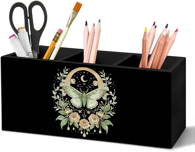 Boho Luna Moth Floral Pen Holder for Desk, Dark Cottagecore Celestial Pencil Organizer, Mystical Botanical Floral Moth Insect Wooden Pen Holder Desk Accessories Decor for Home Office