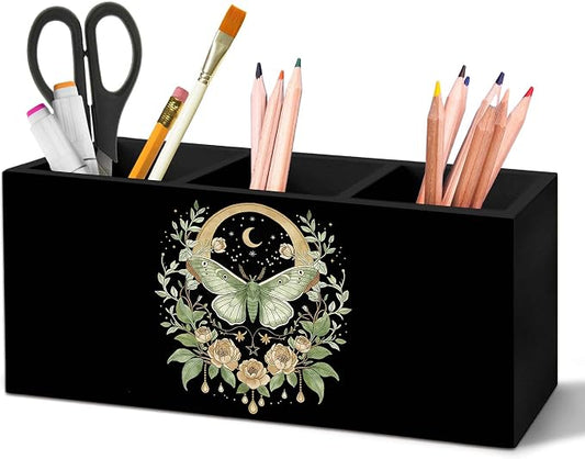 Boho Luna Moth Floral Pen Holder for Desk, Dark Cottagecore Celestial Pencil Organizer, Mystical Botanical Floral Moth Insect Wooden Pen Holder Desk Accessories Decor for Home Office