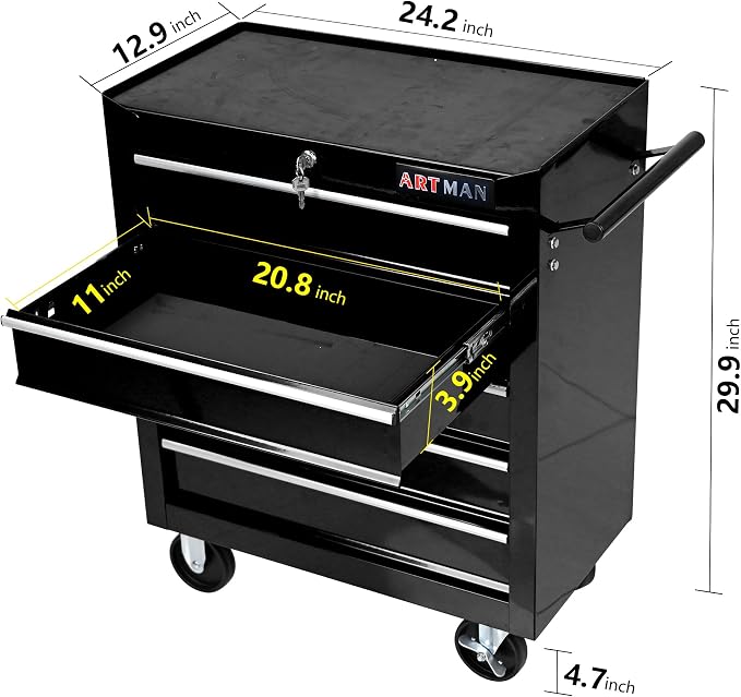RYH 5Drawers Rolling Tool Chest & Tool Box on Wheels | Heavy Duty Metal Cart with Ball Bearing Drawers | Fits US General Tool Box for Garage Storage (Black, 5 Drawers（29.9" H × 24.2" W × 12.9" D)