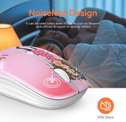 FMOUSE Cute Pink Wireless Mouse, Dual Mode, Bluetooth & 2.4GHz USB Receiver, Silent Clicks, AA-Battery Powered, Handy & Durable, for Kids, Girls, Students on Laptops, Mac, iPad, PC