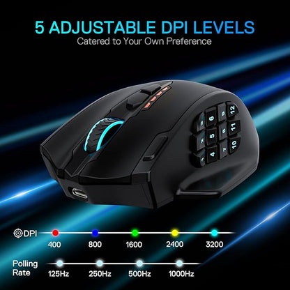 Redragon M913 MAX Wireless Gaming Mouse, 26000 DPI MMO Optical Mouse with 16 Programmable Buttons, BT & 2.4G Wireless, Software Supports DIY Keybinds