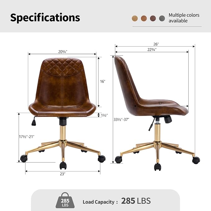 DUHOME Modern PU Leather Office Chair Desk Chair Swivel Computer Chair with Gold Base Yellowish-Brown