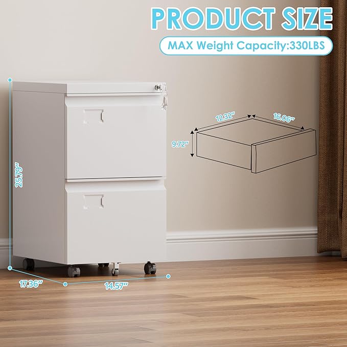 2 Drawer File Cabinet with Lock, Under Desk Metal Rolling Filing Cabinet for Letter/Legal Size Folder, Mobile File Cabinet with 5 Wheels (Anti-Tilt) for Home Office, Assembly Required, White