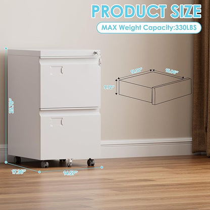 2 Drawer File Cabinet with Lock, Under Desk Metal Rolling Filing Cabinet for Letter/Legal Size Folder, Mobile File Cabinet with 5 Wheels (Anti-Tilt) for Home Office, Assembly Required, White