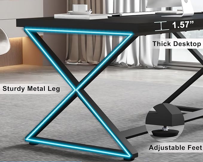 IBF Black Desk, Modern Computer Desk for Home Office, Industrial Simple Pc Gaming Writing Study Desk in Bedroom, Wood Metal Laptop Workstation Executive Work Computer Table, Black Oak, 55 Inch
