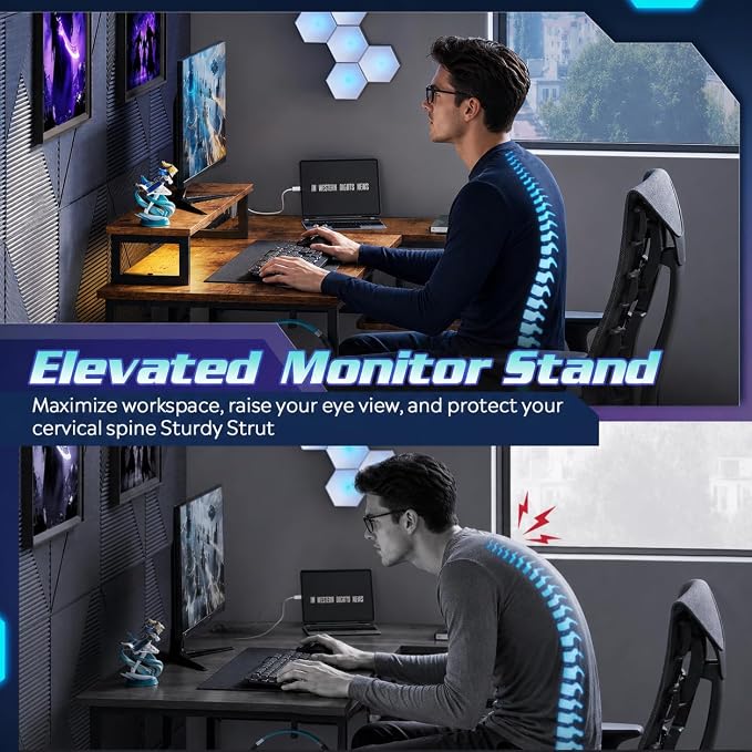 DEVAISE 47 Inch L Shaped Gaming Desk with LED Lights & Power Outlets, Corner Desk for Small Spaces, Sturdy PC Computer Table with Storage for Home Office, Rustic Brown
