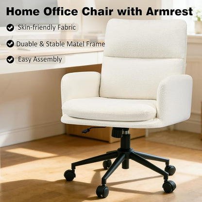 Comfortable Home Office Chair, Upholstered Desk Chair with Double-Layer Cushioning, Adjustable Height Swivel Task Chair with Padded Armrests, Rolling Wheels and Metal Base, Ivory White