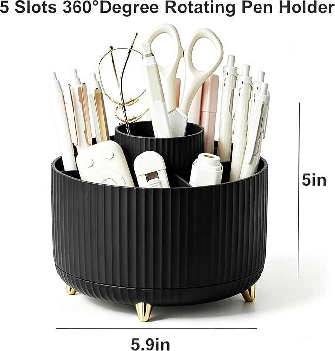 Pencil Pen Holder 5 Slots 360°Degree Rotating Pen Organizers for Desk Desktop Storage Stationery Supplies Cute Pencil Cup Pot Kids Desk Organizer for Office Home School（Black）
