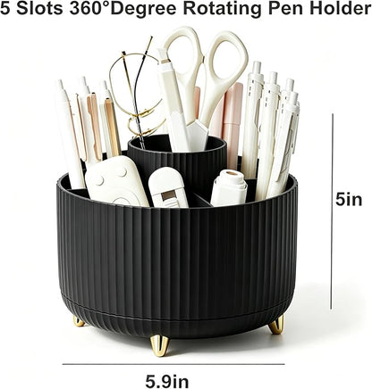 Pencil Pen Holder 5 Slots 360°Degree Rotating Pen Organizers for Desk Desktop Storage Stationery Supplies Cute Pencil Cup Pot Kids Desk Organizer for Office Home School（Black）