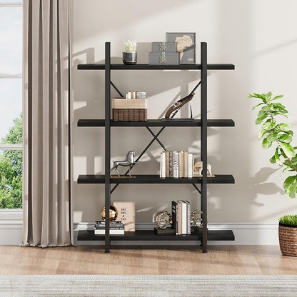 HSH 4 Tier Black Bookshelf, Industrial Metal Wood Storage Book Shelves, Modern Open 4 Shelf Bookcase and Display Etagere, Vertical Book Shelf for Bedroom Living Room Office