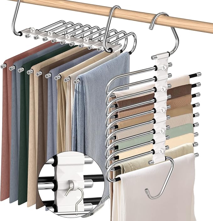 9 Layers Pants Hangers 2 Pack, Antique White | Space Saving Multifunctional Pant Rack Stainless Steel Closet Organizer for Pants Jeans Leggings Trousers