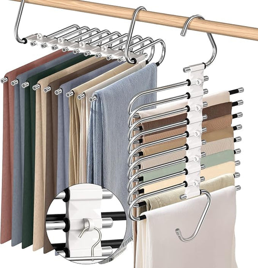 9 Layers Pants Hangers 2 Pack, Antique White | Space Saving Multifunctional Pant Rack Stainless Steel Closet Organizer for Pants Jeans Leggings Trousers