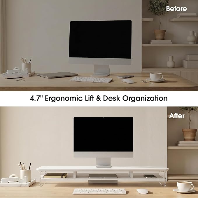 Fenge Acrylic Monitor Stand Riser, 42.5 Inches Dual Monitor Stand with Metal Storage, 2 Tier Acrylic Computer Riser for Desk, Clear Laptop Stand for PC, Laptop, Printer, TV, White