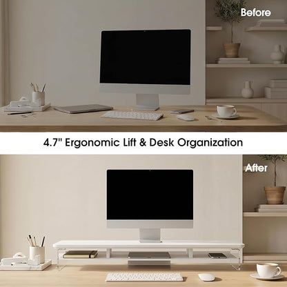 Fenge Acrylic Monitor Stand Riser, 42.5 Inches Dual Monitor Stand with Metal Storage, 2 Tier Acrylic Computer Riser for Desk, Clear Laptop Stand for PC, Laptop, Printer, TV, White