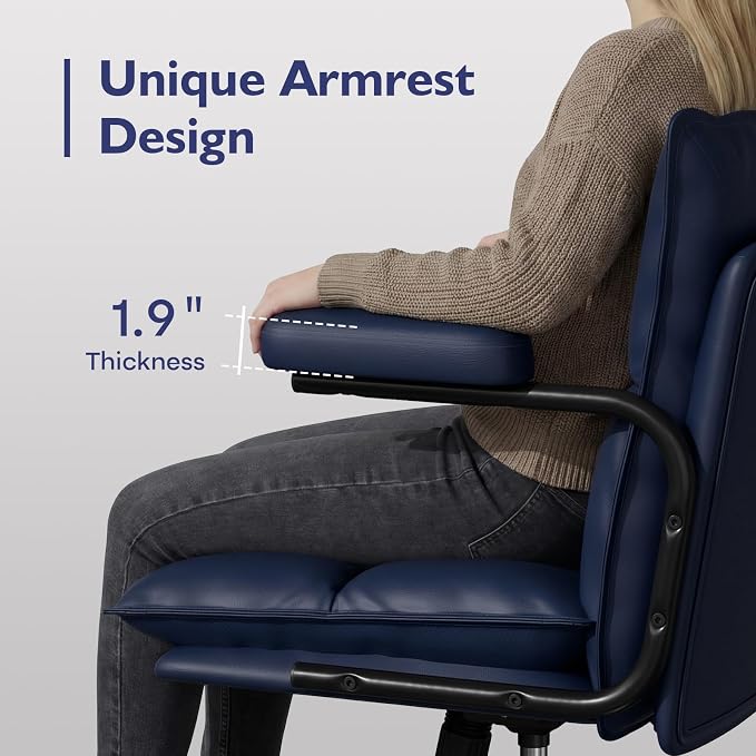 Ollega Mid Century Modern Desk Chair, Vintage Leather Office Chair, Blue | Petite Computer Chair for Small to Medium Women, Thickened Back, Cozy Seat, Adjustable Height for Home