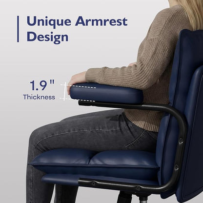 Ollega Mid Century Modern Desk Chair, Vintage Leather Office Chair, Blue | Petite Computer Chair for Small to Medium Women, Thickened Back, Cozy Seat, Adjustable Height for Home