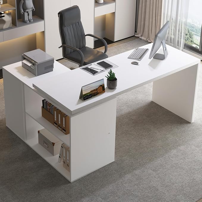 HSH White L-Shaped Computer Desk with 3 Drawers and 2 Shelves, Reversible Home Office Corner Desk for Writing Study Work Executive, 55 Inch Bedroom Wood Table Workstation Desk with Storage Cabinet