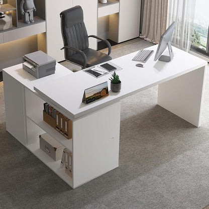 HSH White L-Shaped Computer Desk with 3 Drawers and 2 Shelves, Reversible Home Office Corner Desk for Writing Study Work Executive, 55 Inch Bedroom Wood Table Workstation Desk with Storage Cabinet