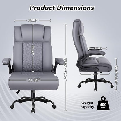 Office Chair, 400LBS Heavy Duty Big and Tall Executive Office Desk Chair with Flip-up Arms, Ergonomic High Back Office Chairs with Lumbar Support, PU Leather, Grey