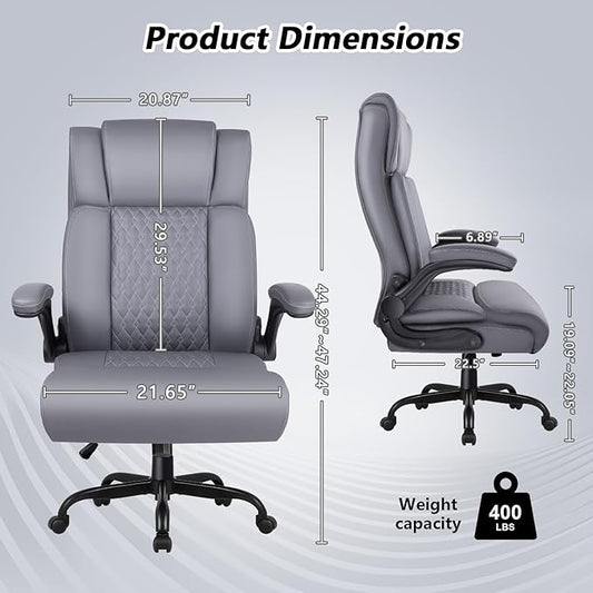 Office Chair, 400LBS Heavy Duty Big and Tall Executive Office Desk Chair with Flip-up Arms, Ergonomic High Back Office Chairs with Lumbar Support, PU Leather, Grey