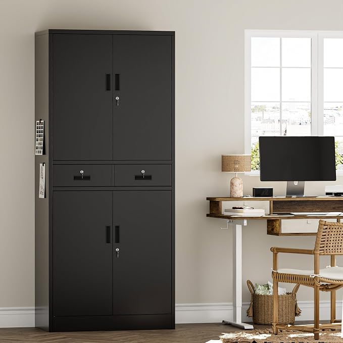 Metal Storage Cabinet, 71" H Garage Cabinet with 2 Locking Drawers and 2 Adjustable Shelves, Black Tool Cabinet, Tall Storage Cabinet for Home, Office, Gym, School