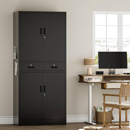 Metal Storage Cabinet, 71" H Garage Cabinet with 2 Locking Drawers and 2 Adjustable Shelves, Black Tool Cabinet, Tall Storage Cabinet for Home, Office, Gym, School