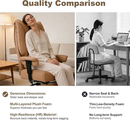 EXCEBET Big and Tall Office Chair 400lbs Wide Seat, Leather High Back Executive Office Chair with Foot Rest, Ergonomic Chairs Lumbar Support for Lower Back Pain Relief, All-Day Comfort (Brown)
