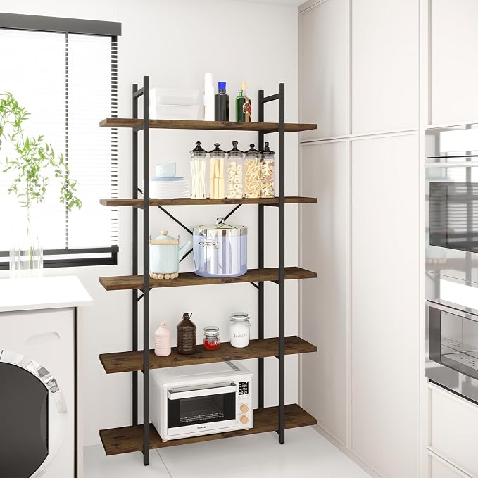5 Tiers Bookshelf Organizer Industrial Shelf,Modern Open Display Storage Bookcase,Rustic Brown and Metal Bookshelf Standing Storage Shelf Tall Shelving Units for Home Office Study.