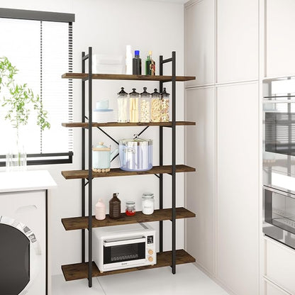 5 Tiers Bookshelf Organizer Industrial Shelf,Modern Open Display Storage Bookcase,Rustic Brown and Metal Bookshelf Standing Storage Shelf Tall Shelving Units for Home Office Study.
