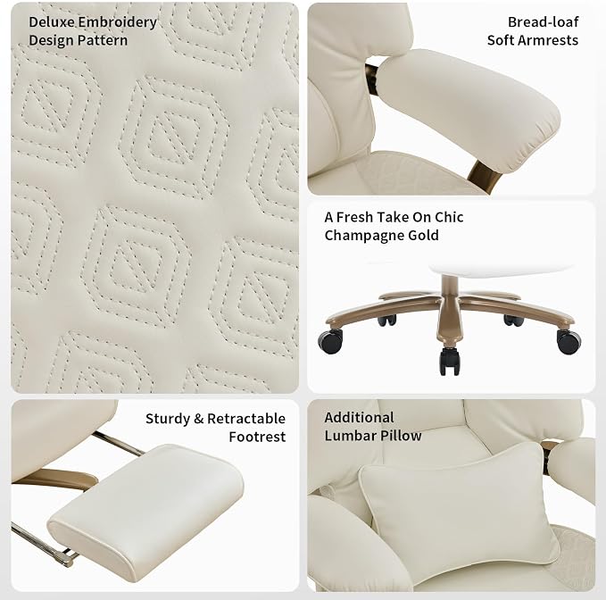 EXCEBET Big and Tall Executive Office Chair with Footrest, 400LBS Capacity Ergonomic High-Back Desk Office Chair with Lumbar Support, Padded Armrests & Thick Cushion, White PU Leather Chairs